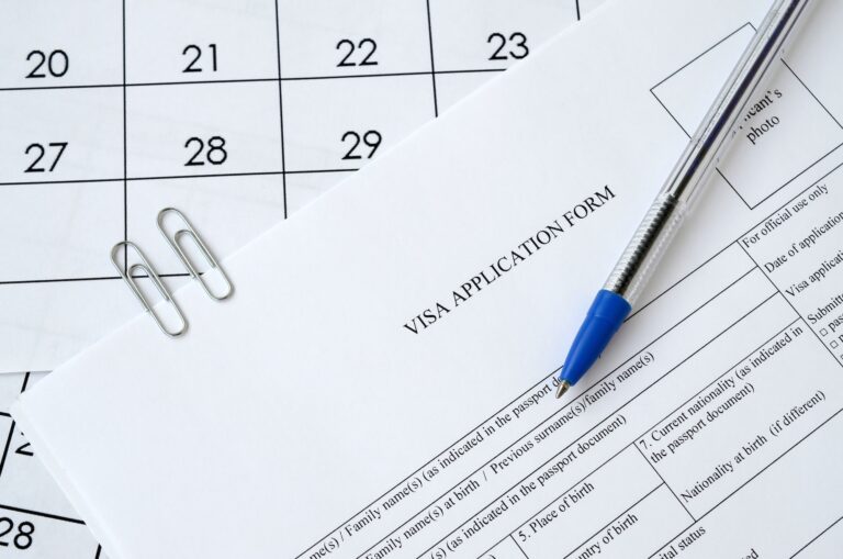 Typical Visa application form and blue pen on paper calendar page close up
