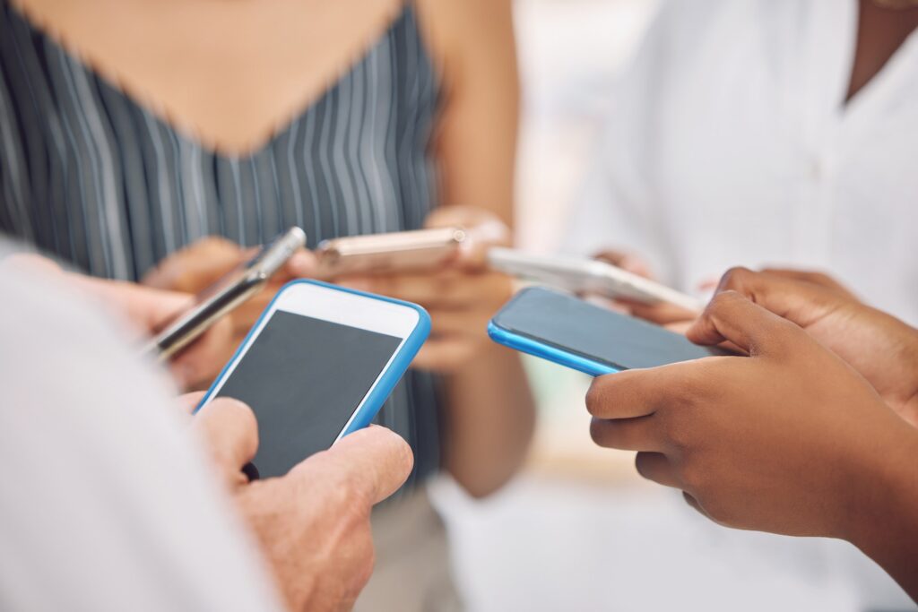 Phone, social media communication and 5g internet of technology community or friends together. Onli